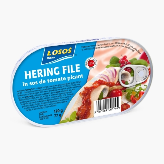 Hering file în sos picant de tomate, 170g