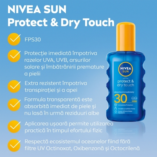Spray cu protecție solară Protect & Dry Touch, SPF 30, 200ml