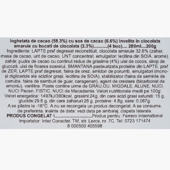 Înghețată de cacao, cu sos de cacao și înveliș de ciocolată amăruie, 4x70ml (4x50g)
