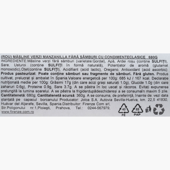 Măsline verzi cu condimente clasice, fără sâmburi 680g