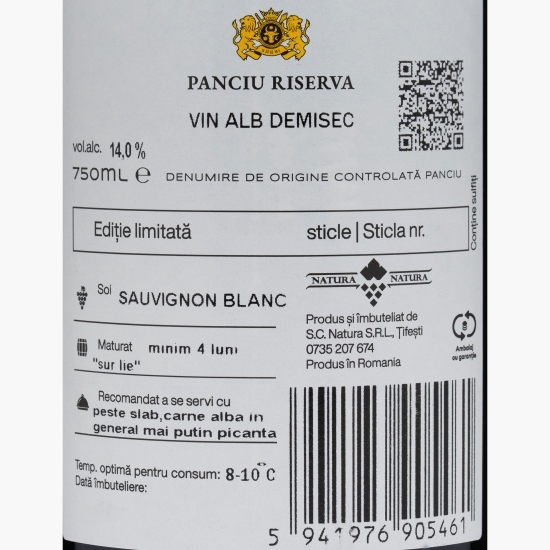 Vin alb demisec Sauvignon Blanc, 14%, 0.75l