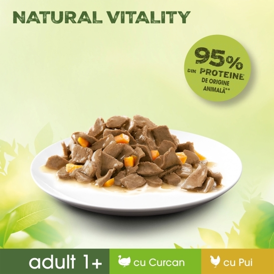 Hrană umedă pentru pisici adulte 1+, 6x50g, Natural Vitality cu pui și curcan 