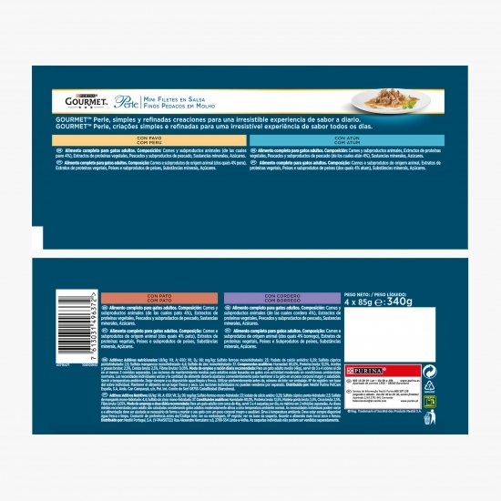 Hrană umedă pentru pisici, 4x85g, Multipack mini fileuri în sos, rață, curcan, miel și ton