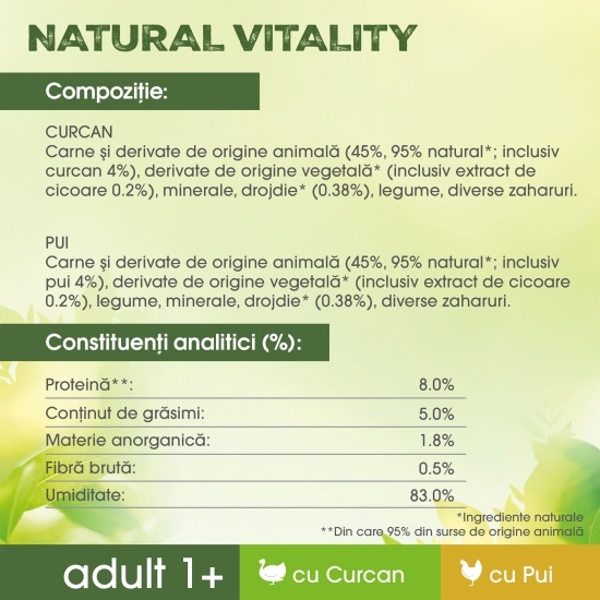 Hrană umedă pentru pisici adulte 1+, 6x50g, Natural Vitality cu pui și curcan 