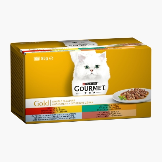 Hrană umedă pentru pisici, 4x85g, Multipack vită + pui, iepure + ficat, pește oceanic în sos cu spanac, rață + curcan