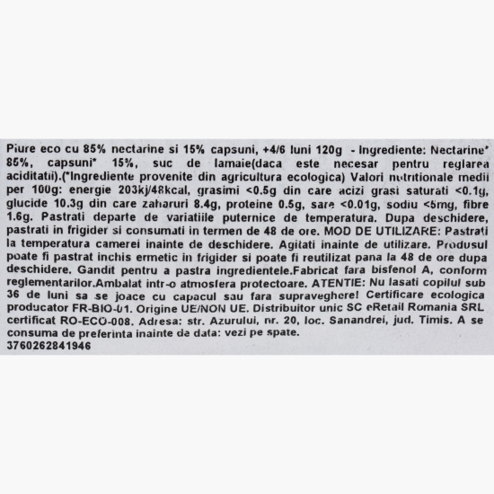 Piure eco cu 85% nectarine și 15% căpșuni, +4/6 luni, 120g
