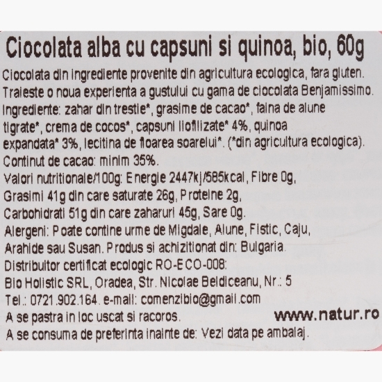 Ciocolată albă eco, cu căpșune și quinoa, 60g