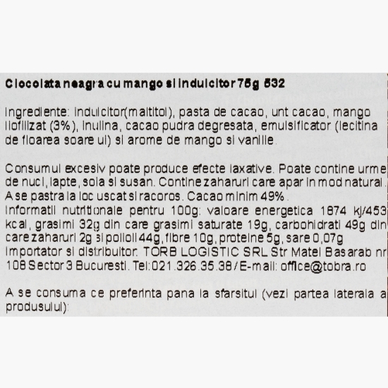 Ciocolată neagră cu mango, fără zahăr adăugat 75g