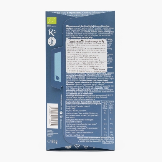 Ciocolată neagră eco 70% cacao, fără zahăr adăugat, 60g