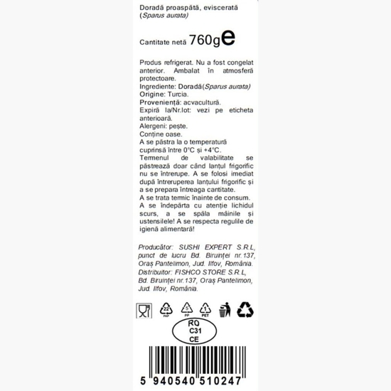 Doradă proaspătă, eviscerată 760g
