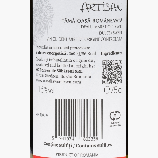 Vin alb dulce Tămâioasă Românească, 11.5%, 0.75l