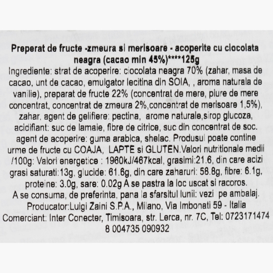 Bomboane din ciocolată neagră Choco&Fruit cu zmeură și merișoare 125g