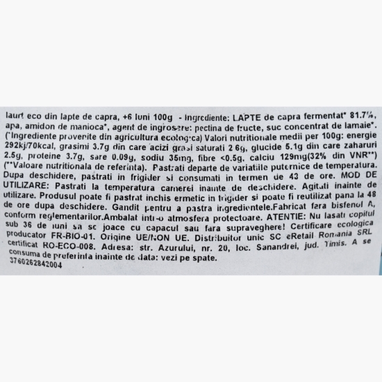 Iaurt eco din lapte de capră, +6 luni, 100g