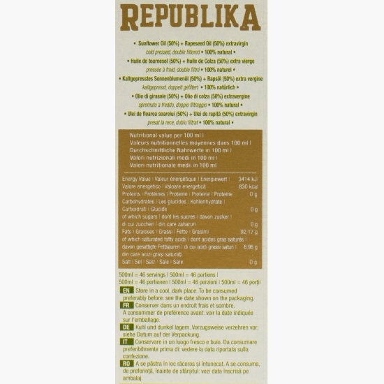Ulei de floarea-soarelui și rapiță presat la rece, pentru salată, 0.5l