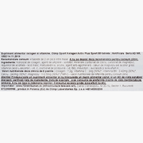 Supliment alimentar colagen și vitamine Kolagen Activ Plus, 80 tablete masticabile