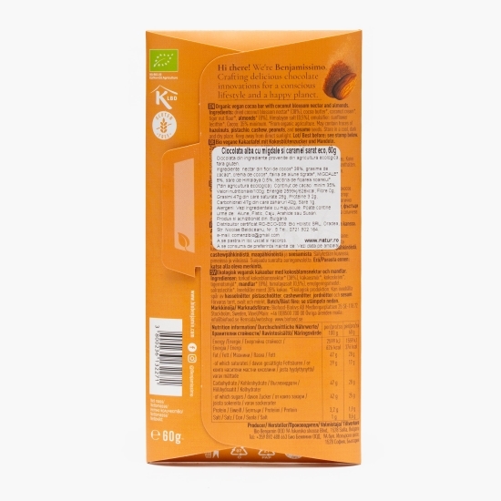 Ciocolată albă eco, cu migdale și caramel sărat, 60g