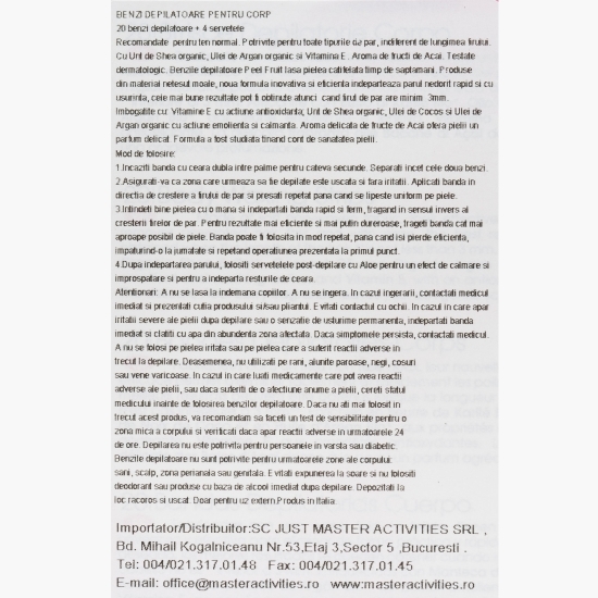 Benzi depilatoare pentru corp, 20 benzi de ceară + 4 șervețele