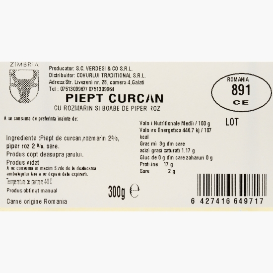 Piept de curcan cu rozmarin și boabe de piper roz 300g
