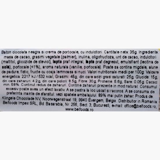 Baton ciocolată neagră cu portocale, fără zahăr adăugat 35g