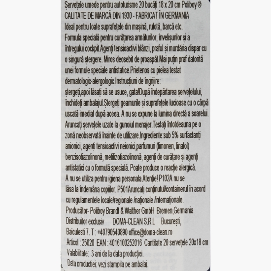 Șervețele umede pentru autoturisme 18 x 20 cm, 20 buc