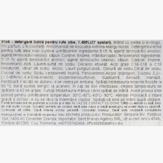 Detergent lichid pentru rufe albe 0% parfum, 0% coloranți, 27 spălări, 1.485l