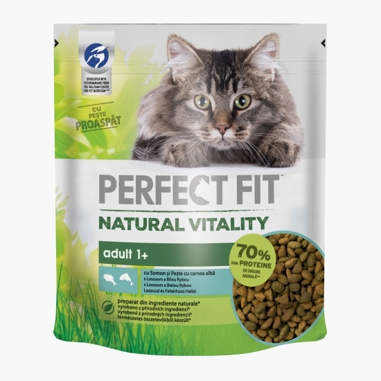 Hrană uscată pentru pisici, 650g, cu somon și pește alb 