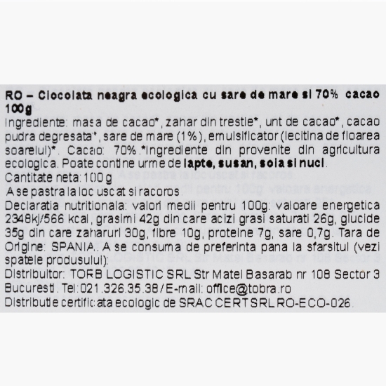 Ciocolată neagră eco cu 70% cacao și sare de mare 100g