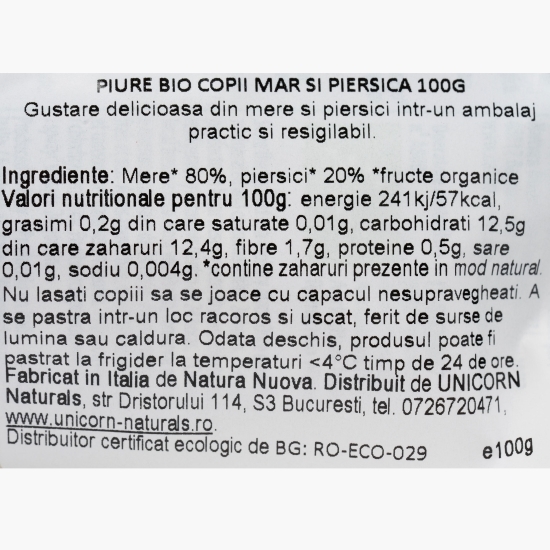 Piure eco din măr și piersică, pentru bebeluși 6+ luni, 100g