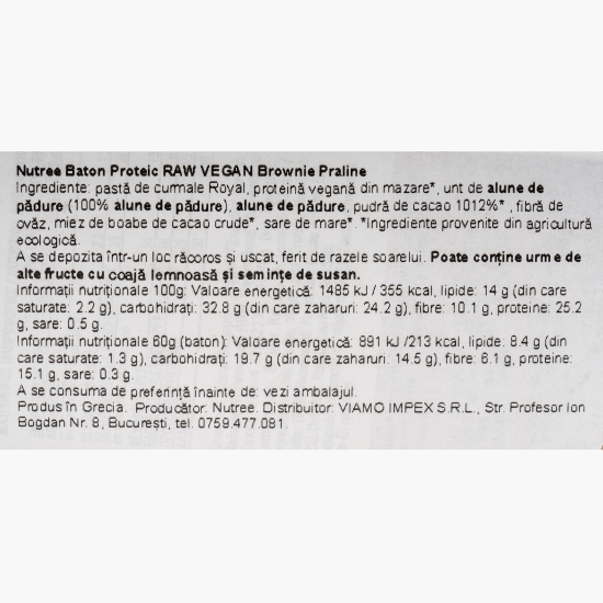  Baton proteic Raw Vegan Brownie Praline fără zahăr adăugat 60g