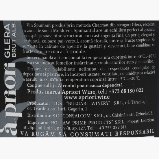 Vin spumant alb brut Glera, 12%, 0.75l 