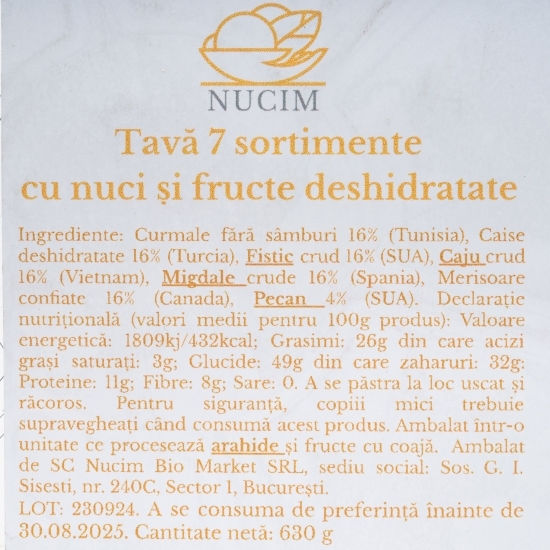 Tavă 7 sortimente: caju, migdale, fistic, pecan, curmale, caise, merișoare confiate
