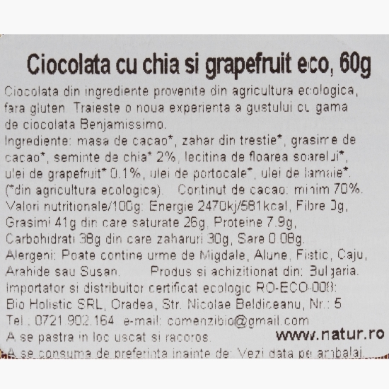 Ciocolată vegană cu chia și grepfrut eco 70% cacao, 60g