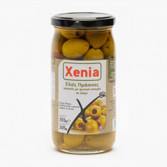 Măsline verzi umplute cu ardei în saramură 355g