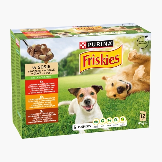 Hrană umedă pentru câini adulți, plicuri 12x85g, mix de arome (vită și cartofi, pui și morcovi, miel și morcovi)