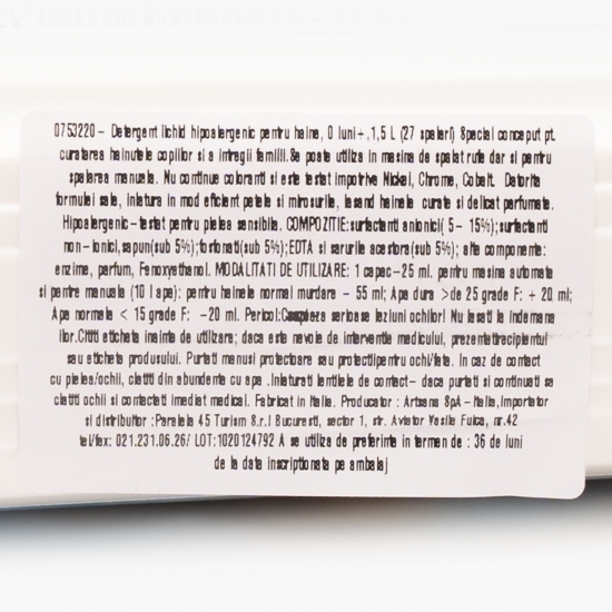 Detergent de rufe lichid hipoalergenic pentru haine, 0 luni+, 27 spălări, 1.5l