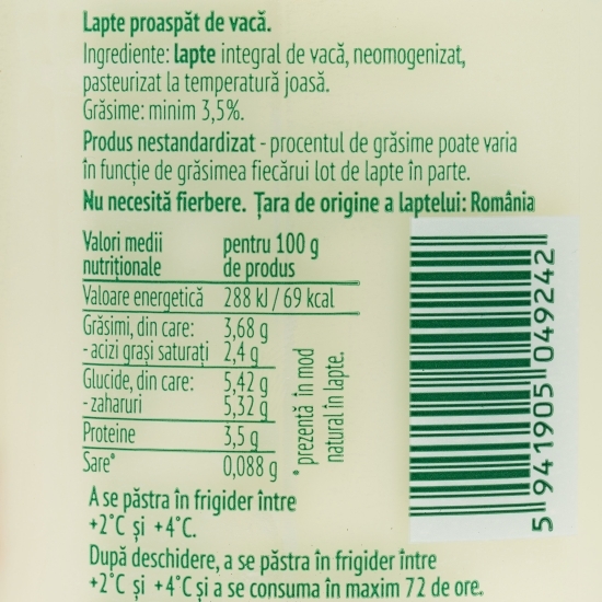 Lapte proaspăt de vacă 3.5% grăsime, 1l