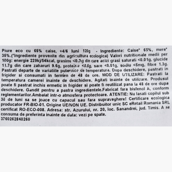 Piure eco cu 65% caise, +4/6 luni, 120g