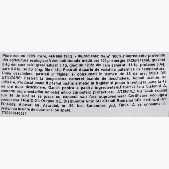 Piure eco cu 100% mere, +4/6 luni, 120g