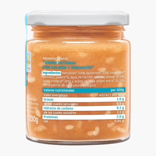 Piure eco cu somon, mazăre și orez integral, +10 luni, 230g