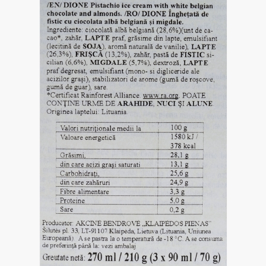 Înghețată de fistic cu ciocolată albă belgiană și migdale, 3x90ml (3x70g)