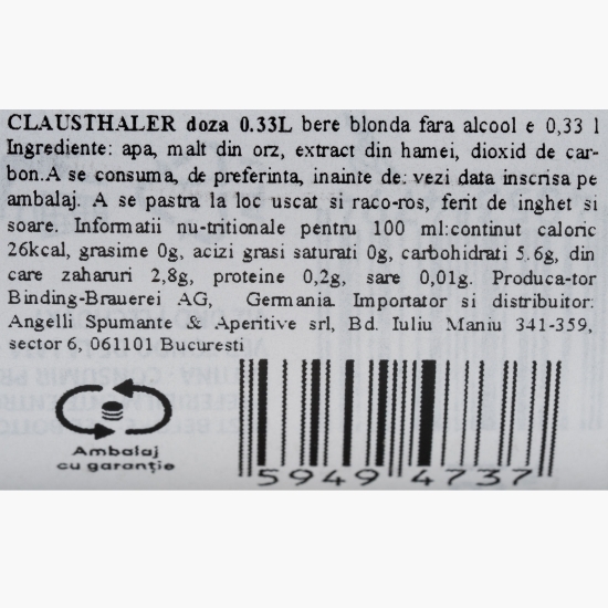 Bere blondă premium fără alcool doză 0.33l