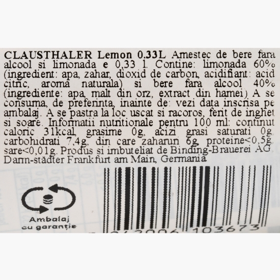 Bere blondă premium fără alcool cu suc de lămâie sticlă 0.33l