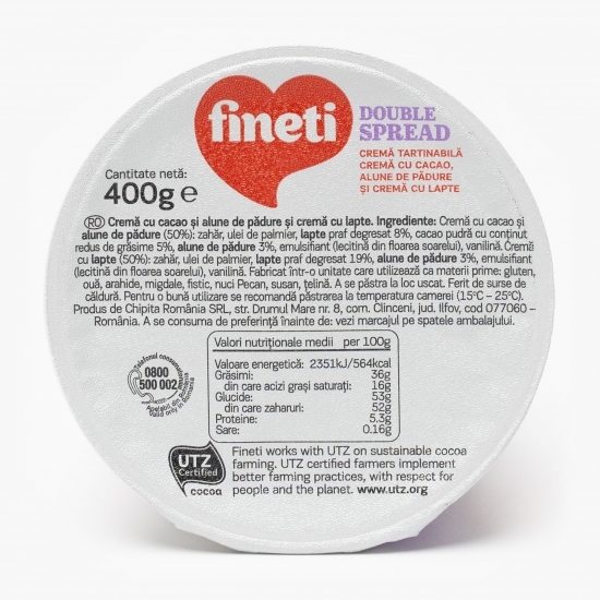 Cremă tartinabilă cu cacao, alune de pădure și lapte Double Spread 400g