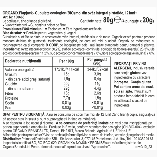 Cubulețe ecologice moi din ovăz integral și stafide, 4x20g, 12+ luni