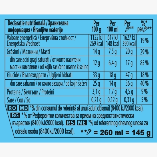 Înghețată de vanilie la cornet, 260ml (145g)