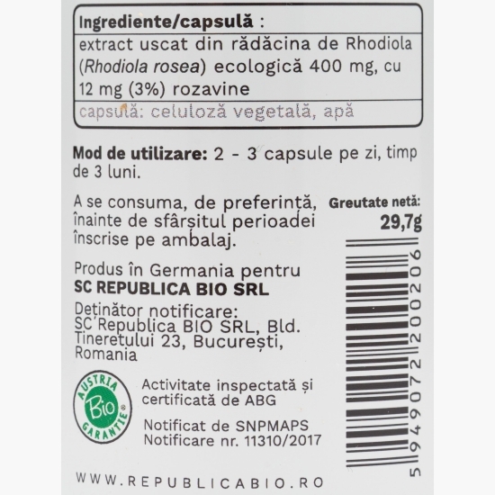 Rhodiola ecologică extract 3% 400mg, 60 capsule vegetale