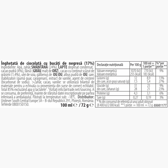 Înghețată cu cacao şi cu bucăţele de negresă, 100ml (72g)