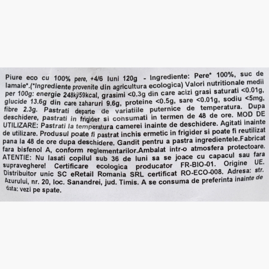 Piure eco cu 100% pere, +4/6 luni, 120g