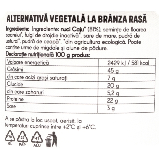 Alternativă vegetală la brânză rasă 100g