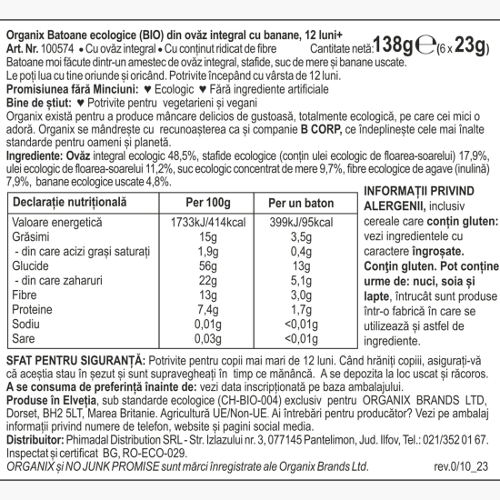 Batoane ecologice din ovăz integral cu banane, 6x23g, 12+ luni